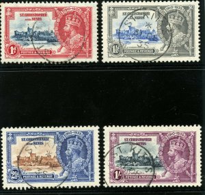 St Kitts-Nevis 1935 KGV Silver Jubilee set complete VFU. SG 61-64. Sc 72-75.