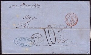 MALAYA PENANG 1869 cover - folded entire PENANG TO RHEIMS.................34620