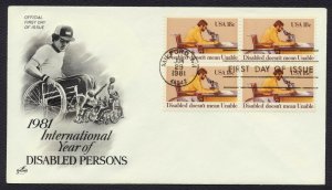 #1925 18c Disabled Doesn't Mean Unable-Blk 4, Art Craft FDC **ANY 5=FREE SHIP**