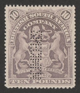 RHODESIA 1898 Arms £10 lilac, perf SPECIMEN. normal cat £4000. 