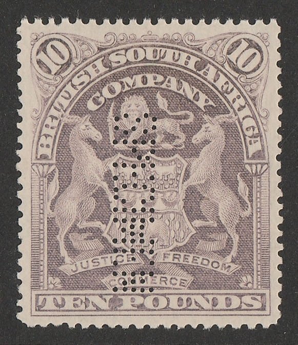 RHODESIA 1898 Arms £10 lilac, perf SPECIMEN. normal cat £4000. 