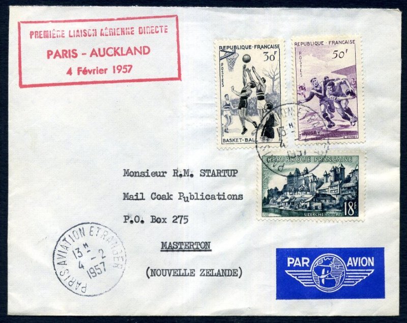 New Zealand 1957 Airmail Flight cover Paris France to Auckland 4/2/1957