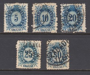 Hungary, ca. 1905, used blue Telegraph Tax Stamps, 5 different, small faults