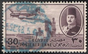 EGYPT  1947 Sc C46 Used 30m Airmail, King Farouk & Airplane