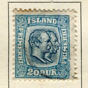 ICELAND; 1907 early Double Kings issue fine used 20a. value