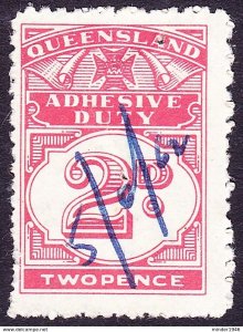 Queensland 2d Carmine Stamp Duty Revenue Stamp FU