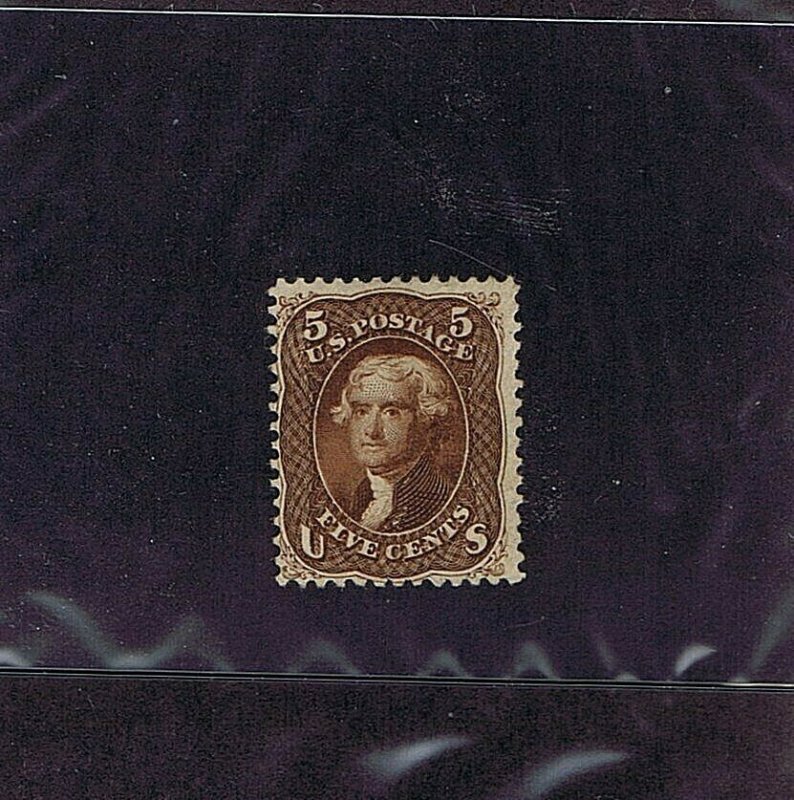 SC# 75 UNUSED 5 CENT JEFFERSON, 1862, NO GUM, PREV HINGED, 2019 PSAG CERT, F-VF