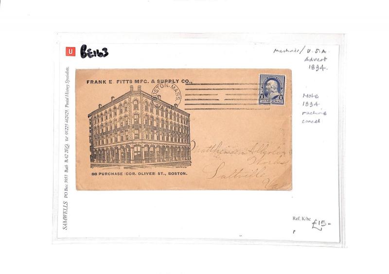 USA Boston *Pitts* ADVERT Cover Machine Cancel 1894 ARCHITECTURE {samwells}BE163