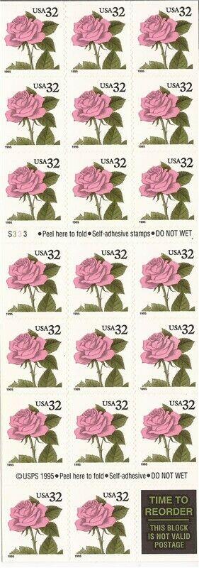 US Stamp - 1995 Pink Rose - Booklet of 20 Stamps - Scott #2492a