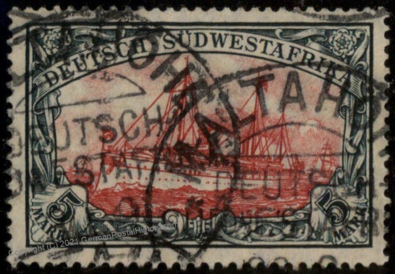 German 1906 SW Africa DSWA MALTAHOEHE 5RM Mark Mi32A Wmk USED 104877