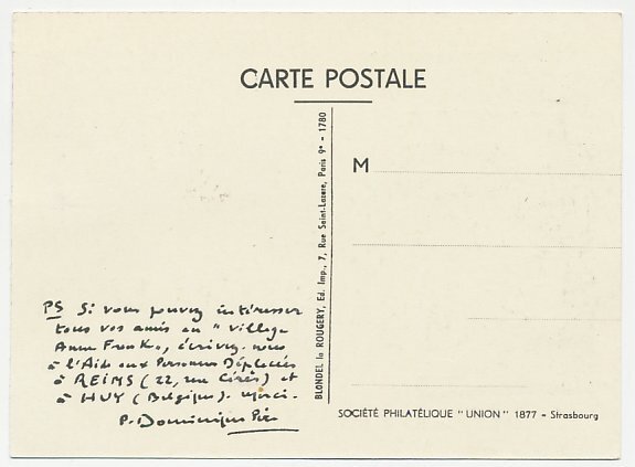 Card / Postmark France 1959 Council of Europe - Displaced persons - Anne Frank