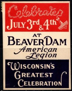 Vintage US Poster Stamp American Legion Celebrates July 3rd & 4th At Beaver Dam