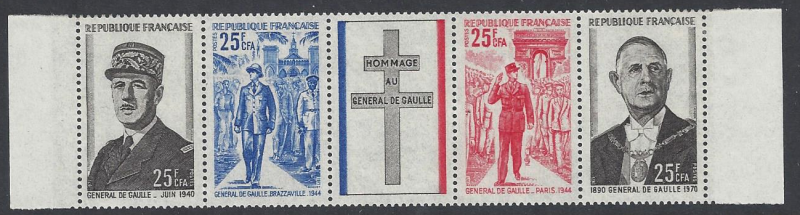 Reunion, #380a,strip of 4 & label, 1st anniv. death of De Gaulle   Issued 1971