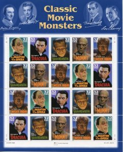 UNITED STATES SCOTT #3168/72 CLASSIC MOVIE MONSTERS COMPLETE SHEET(20) MINT NH