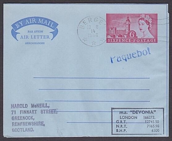 GB NORWAY 1966 MS DEVONIA  ship cover, GB airletter BERGEN PAQUEBOT........A1459