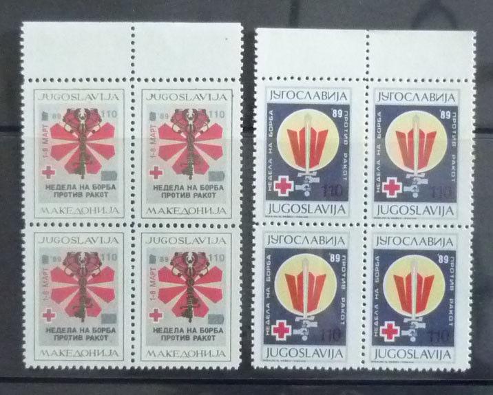 1989 YUGOSLAVIA-MACEDONIA-COMPLETE SET (MNH)-RED CROSS-BLOCKS OF 4 R! cancer J8