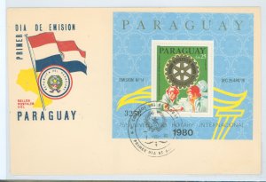 Paraguay C475 1980 Rotary international 75th anniversary/souvenir sheet of one stamp on an unaddressed cacheted first day cover.