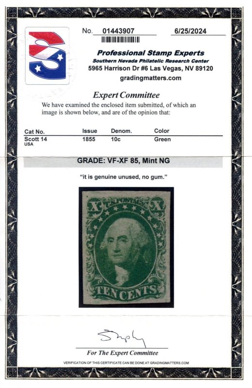 US SCOTT #14 MINT-VF-XF-NO GUM GRADED 85 W/ PSE PF CERTS SMQ $2,150 (7/10/24 GP)