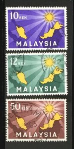 MALAYSIA 1963 INAUGURATION OF FEDERATION set of 3 Used SG#1-3