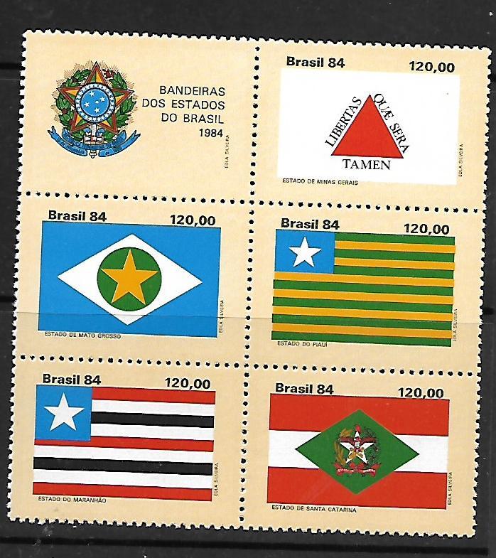 BRAZIL, 1962, MNH, SS, BLOCK OF 5 + LABEL, FLAGS