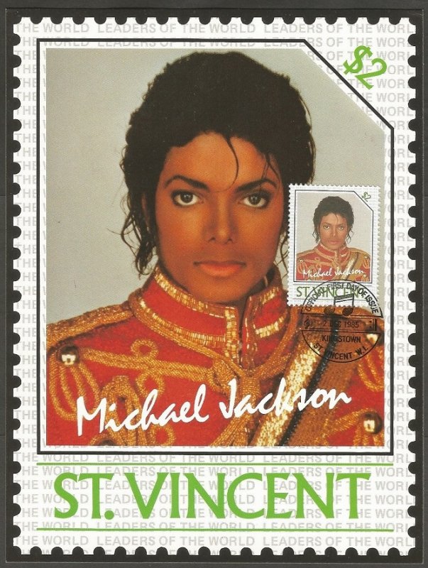 ST. VINCENT STAMP,1985 MICHAEL JACKSON $2 STAMP.FIRST DAY OF ISSUE.MAXI CARD