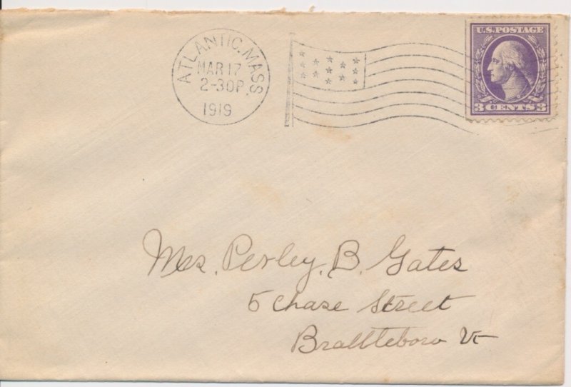 Atlantic Mass Flag cancel 1919 on cover to Brattleboro Vermont
