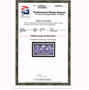 EXCEPTIONAL GENUINE SCOTT #959 MINT PRISTINE OG NH PSE CERT GRADED SUPERB 98