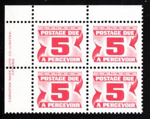 Canada 1977 MNH Sc J32 5c Fourth Issue Postage Due Upper left Plate Block