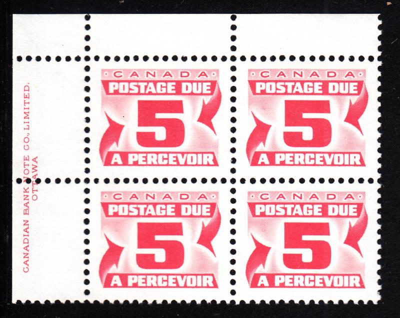 Canada 1977 MNH Sc J32 5c Fourth Issue Postage Due Upper left Plate Block