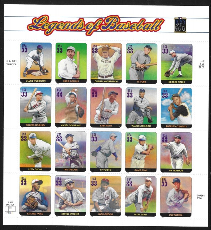 Sc 3408  33¢ Legends of Baseball Sheet of 20, Self Adhesive - MNH