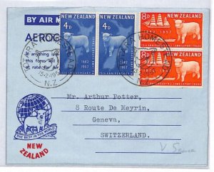 NEW ZEALAND FDC Air Letter LAMB EXPORT 1957 Totara Homestead Switzerland PJ89