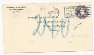 US POSTAL STATIONERY COVER NY to Berlin, Germany April 15, 1922 Aux Markings