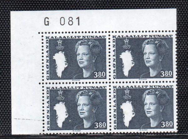 Greenland Sc 131 3.8 kr Queen stamp plate block of 4 mint NH