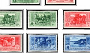 COLOR PRINTED ITALIAN COLONIES 1932-1934 STAMP ALBUM PAGES (8 illustrated pages)