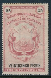 Costa Rica tax revenue fiscal stamp white background issue 25 Pesos