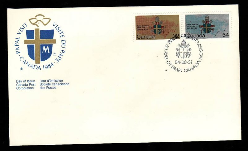 Canada-Sc#1030-1-stamps on FDC-Pope John Paul II visit-1984-