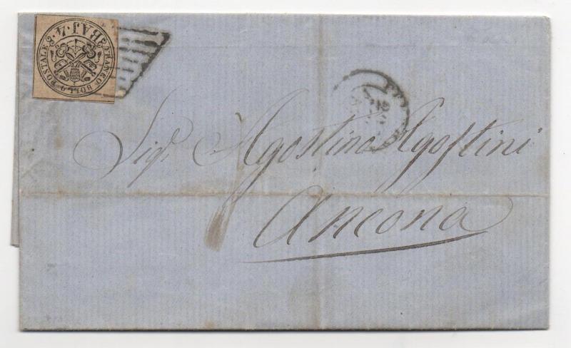 ITALIAN ROMAN STATES Scott #5 IMPERF on Cover 1857 F/L