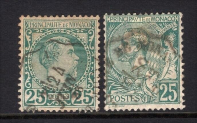 Monaco 1885-1891 Charles & Albert Both 25c Green 2 Values Used #6,20 CV$110