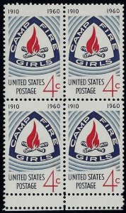 1167 - Miscut Gutter Snipe Error / EFO Block of 4 Camp Fire Girls Mint NH