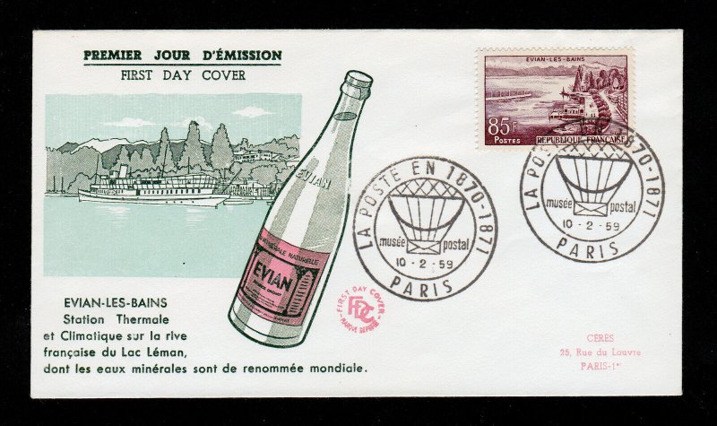 SCOTT #908 EVIAN-LES-BAINS ON FRANCE FDC ENVELOPE PREMIER DAY 1959