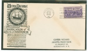 US 835 1938 3c Ratification of the Constitution (single) on an addressed (hand stamp) first day cover, with an Anderson cachet.