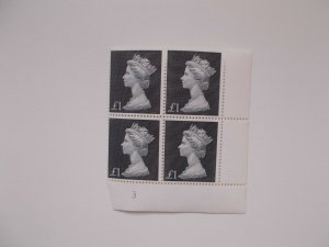 GB QEII 1969 £1 Machin High Value in Plate Block of 4 Plate 3 Unmounted Mint