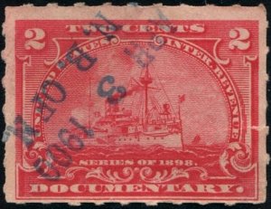 R164p 2¢ Battleship Documentary Stamp: Hyphen Hole  Perf 7 (1898) Date Stamped