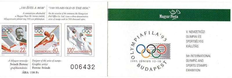 HUNGARY 1995 OLYMPICS SET OF 5 STAMPS & BOKLET W/PANE OF 6 STAMPS MNH