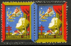 CANADA 1943 CHRISTMAS SEAL English Language Se-tenant Pair Green No. 33 MNH