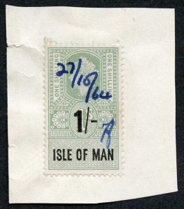 Isle of Man QEII 1/- Key Plate Type Revenues Manuscript Cancel on Piece