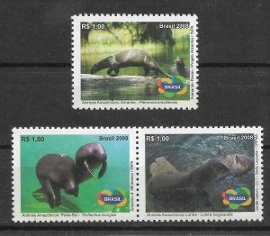 BRAZIL 2008 AMAZONIC FAUNA WILDLIFE FISH PEIXE-BOI ARIRANHA, LONTRA SET OF 3 MNH