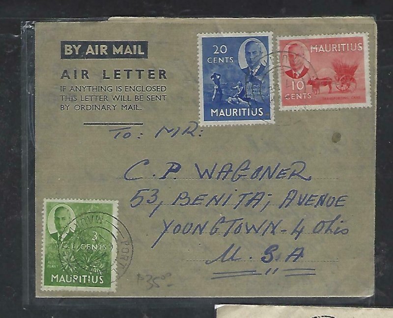 MAURITIUS COVER (P1311B) 1952 KGVI 2C+3C+10C+20C ON FORMULA AEROGRAM TO USA