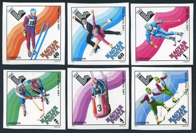 Hungary C410-C415,C416 imperf, MNH. Lake Placid-1980. Ski jump, Skating, Hockey,