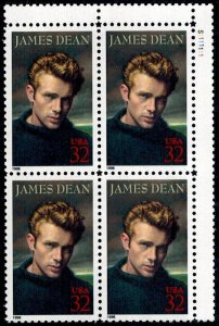 1996 James Dean Plate Block Of 4 32c Postage Stamps, Sc# 3082, MNH, OG